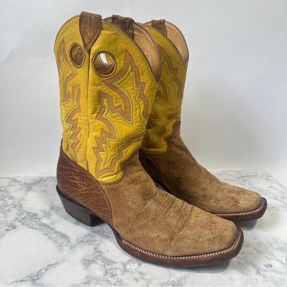 Justin men’s yellow leather brown suede rodeo cowboy western boots square 10.5